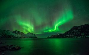 Aurora Borealis Northern Lights Lake Reflection Stars Night Green Mountains HD wallpaper thumb