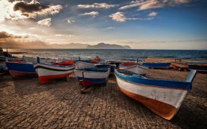 Sicily, Italy, lake, pier, boats, mountains wallpaper thumb
