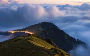 Taiwan, mountains, hills, night, fog wallpaper thumb