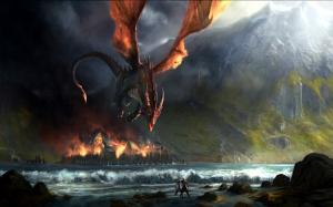 Dragon, Fire, Burning, Mountain, Sea wallpaper thumb