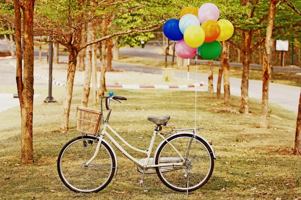 Bicycle, park, balloons, grass wallpaper,bicycle HD wallpaper,park HD wallpaper,balloons HD wallpaper,grass HD wallpaper,3831x2554 wallpaper
