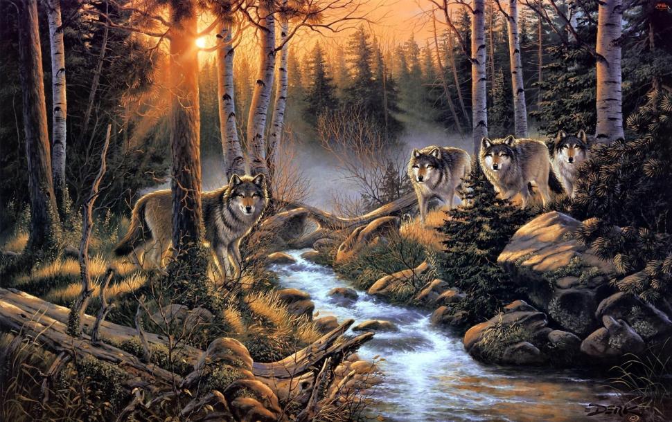 Wolves At Creek wallpaper,pack HD wallpaper,forest HD wallpaper,predators HD wallpaper,artwork HD wallpaper,animals HD wallpaper,2442x1536 wallpaper