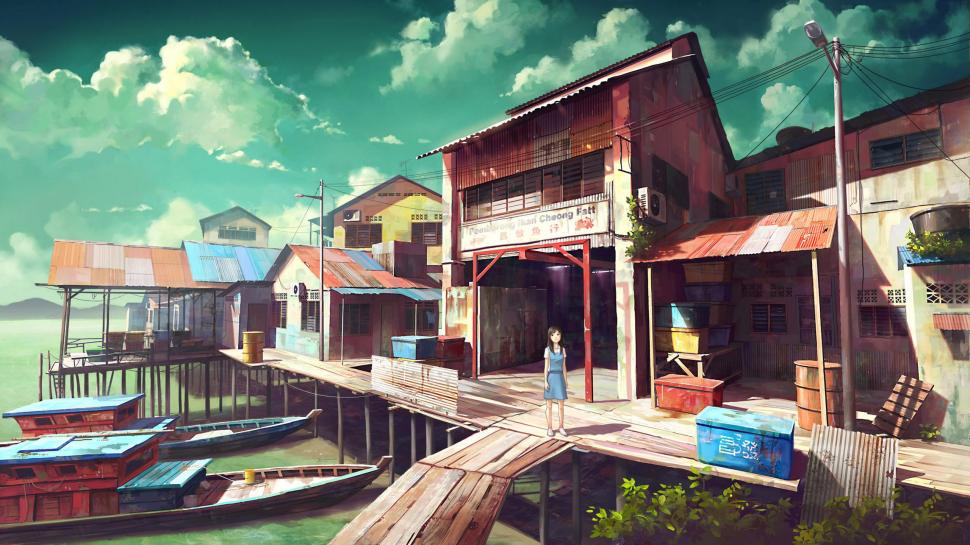 Girl on the pier wallpaper,anime HD wallpaper,2560x1440 HD wallpaper,pier HD wallpaper,boat HD wallpaper,woman HD wallpaper,warehouse HD wallpaper,2560x1440 wallpaper