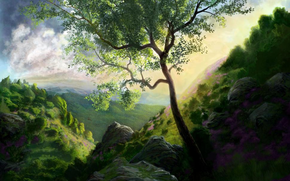 Mountain tree painting wallpaper,Mountain HD wallpaper,Tree HD wallpaper,Painting HD wallpaper,2560x1600 wallpaper