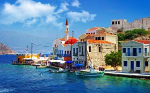 Greece pier boat and house wallpaper thumb