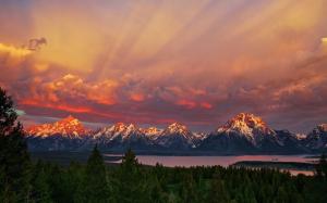 National Park Grand Teton, Wyoming, sunrise, mountains, red sky, lake wallpaper thumb