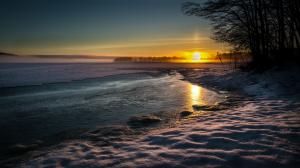 Lake, nature landscape, winter, snow, water, evening, sunset wallpaper thumb