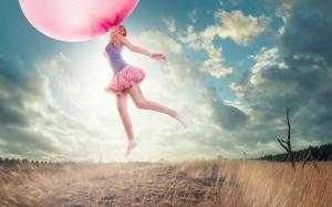 Oversized chewing gum bubble, girl flying, grass, creative pictures wallpaper thumb