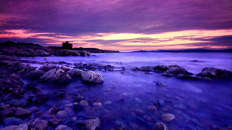 Purple Beach Sunset wallpaper,beach HD wallpaper,stones HD wallpaper,sunset HD wallpaper,clouds HD wallpaper,nature & landscapes HD wallpaper,1920x1080 wallpaper