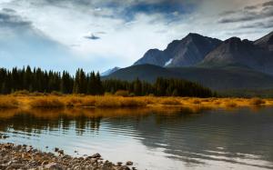 Canada Alberta, autumn mountains forest lake, blue sky clouds wallpaper thumb