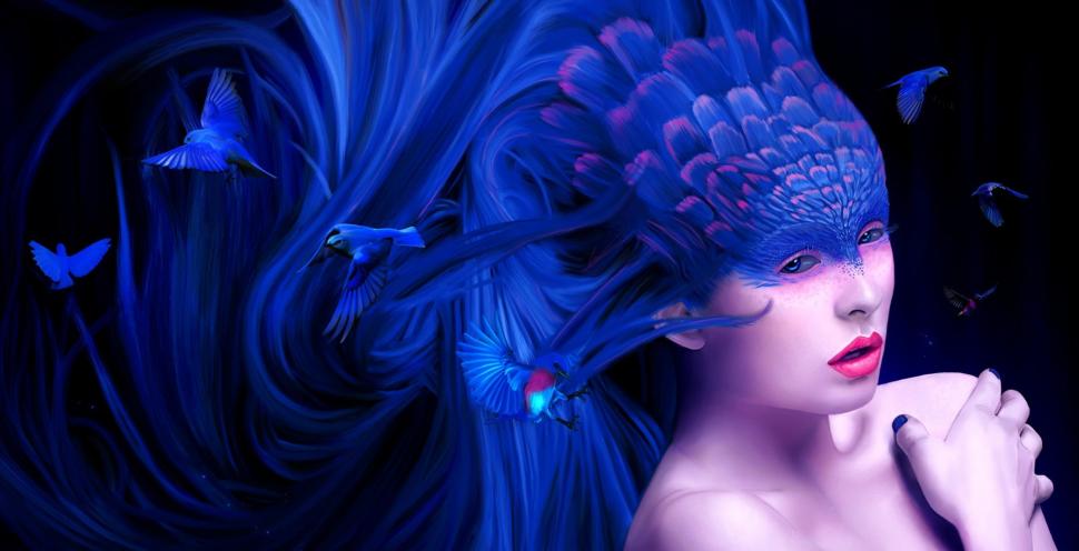 Fantasy Art, Girl, Blue Hair, Birds wallpaper,fantasy art HD wallpaper,girl HD wallpaper,blue hair HD wallpaper,birds HD wallpaper,2141x1095 wallpaper