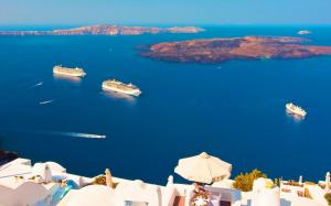 Santorini Greece View Panorama Sea Ships Free Desktop Background wallpaper thumb