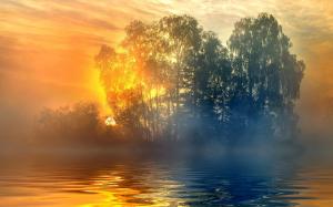 Nature, Landscape, Sunset, Trees, Mist, Lake, Clouds, Yellow, Blue, Calm wallpaper thumb