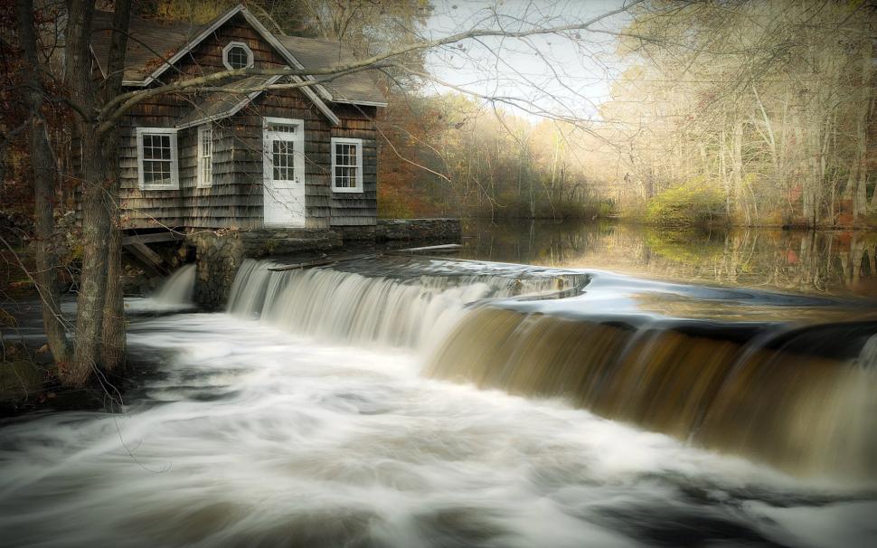 House, river, waterfall, trees wallpaper,House HD wallpaper,River HD wallpaper,Waterfall HD wallpaper,Trees HD wallpaper,1920x1200 wallpaper