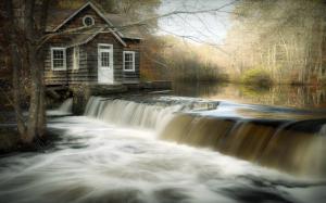 House, river, waterfall, trees wallpaper thumb