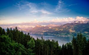 Switzerland, Lake Zurich, lake, forest, trees, mountains, clouds wallpaper thumb