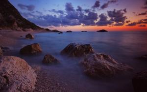 Sea, evening, waves, beach, stones, clouds, horizon, sunset wallpaper thumb