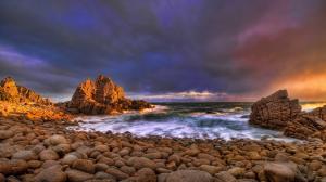 The ocean waves, rocks beach sunset clouds wallpaper thumb
