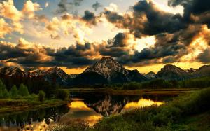 mountain reflection beautiful beauty Clouds colors golden sunset grass Green lake Landscape lovely M HD wallpaper thumb