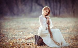White dress girl, sitting on stump, long blonde hair wallpaper thumb