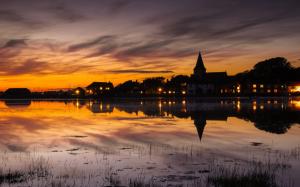 England, town scenery, house, lights, sunset, lake water reflection wallpaper thumb