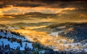 Nature, Landscape, Winter, Sunset, Forest, Mountain, Clouds, Snow, Sky, Village, Poland, Mist, Valley wallpaper thumb