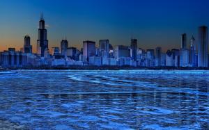 Ice Blue Cityscape Of Lakefront Chicago Hdr wallpaper thumb
