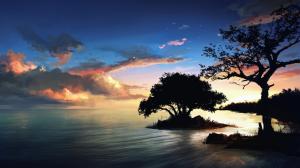 Nature scenery painting, night, trees, lake, clouds wallpaper thumb