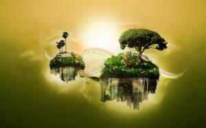Float islands, sky, trees, grass, deer, rainbow, creative design wallpaper thumb