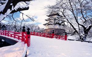 Japan, Aomori Prefecture, Hirosaki, winter snow, bridge, castel, ice trees wallpaper thumb