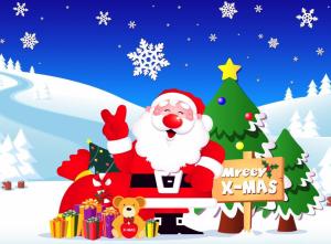 santa claus, gifts, christmas trees, snowflakes, road wallpaper thumb