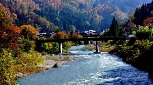 Shirakawa-go, Japan, village, river, bridge, mountain, trees wallpaper thumb