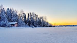 Winter, Sunset, Frost, Trees, Hut, Landscape wallpaper thumb