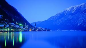 mountains, villages, blue, winter, water, night, lake wallpaper thumb