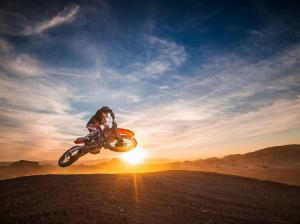 Motorcycle race, sports, jump, sunset wallpaper thumb