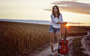 Long hair girl, guitar, sunset, fields wallpaper thumb