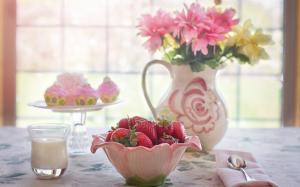 breakfast, summer, dessert, decoration, strawberries, fruit, cream, cake, flowers, photography wallpaper thumb