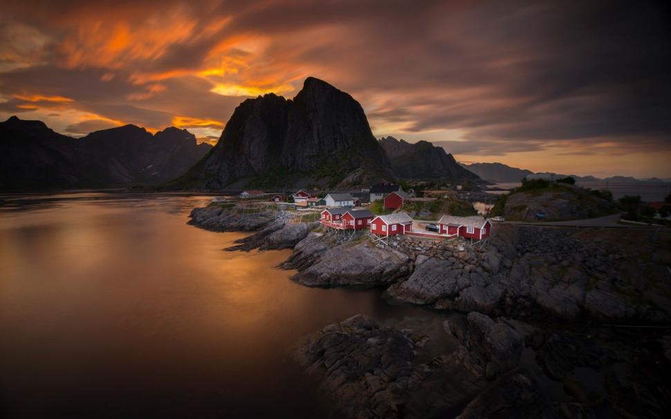 Norway, sky, clouds, sunset, sea, mountain, village, house wallpaper,Norway HD wallpaper,Sky HD wallpaper,Clouds HD wallpaper,Sunset HD wallpaper,Sea HD wallpaper,Mountain HD wallpaper,Village HD wallpaper,House HD wallpaper,1920x1200 wallpaper