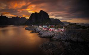 Norway, sky, clouds, sunset, sea, mountain, village, house wallpaper thumb