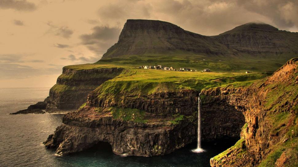 Faroe Islands HD wallpaper,cliff HD wallpaper,faroe islands HD wallpaper,mountains HD wallpaper,sun HD wallpaper,waterfall HD wallpaper,1920x1080 wallpaper