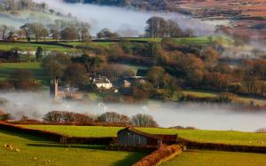 Britain, countryside, winter, fog, morning, houses wallpaper thumb