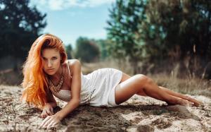 Red hair girl, white dress, sand wallpaper thumb