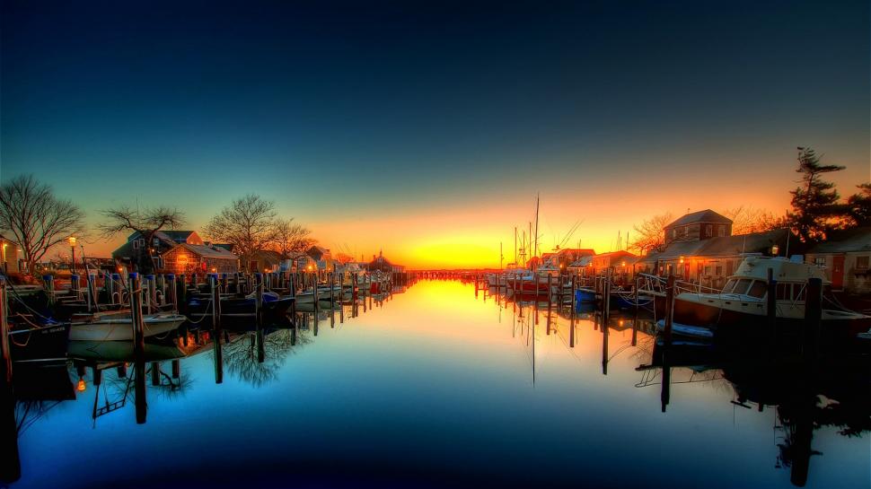 HDR Sunset Harbor Boats Reflection HD wallpaper,nature HD wallpaper,sunset HD wallpaper,reflection HD wallpaper,hdr HD wallpaper,boats HD wallpaper,harbor HD wallpaper,1920x1080 wallpaper