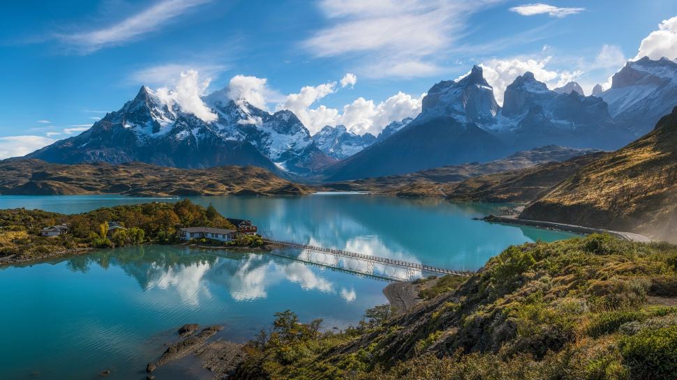 Andes mountains wallpaper,south america HD wallpaper,Chile HD wallpaper,Patagonia HD wallpaper,the Andes Mountains HD wallpaper,the lake HD wallpaper,the bridge HD wallpaper,the island home HD wallpaper,1920x1080 wallpaper