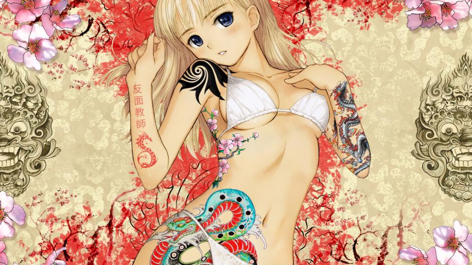 Colorful Anime Woman Girl Tattoo Tony Taka HD wallpaper,digital/artwork wallpaper,anime wallpaper,girl wallpaper,colorful wallpaper,woman wallpaper,tattoo wallpaper,tony wallpaper,taka wallpaper,1366x768 wallpaper