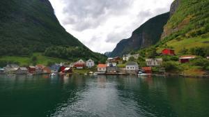 Norway, mountains, houses, village, lake wallpaper thumb