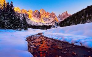 Dolomites, mountains, peaks, forest, river, snow, winter wallpaper thumb