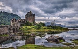 Scotland, river, bridge, castle, grass, rocks, clouds wallpaper thumb