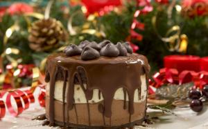 desserts, christmas, chocolate and cream cake, gifts wallpaper thumb