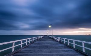 Australian landscape, wooden bridge, night lights, blue sea and sky wallpaper thumb